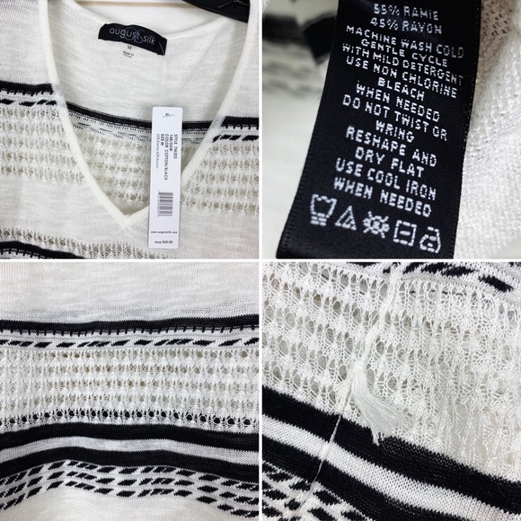 August Silk Black White Striped V Neck Fringe Semi Sheer Pullover Sweater Medium - Picture 14 of 15
